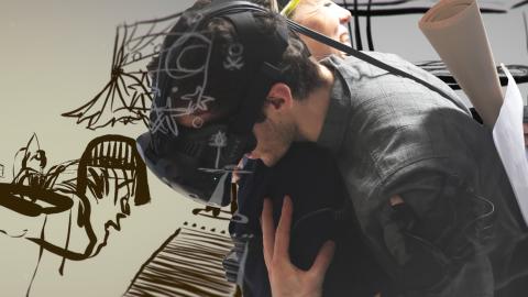 Draw Me Close creator Jordan Tannahill wearing a VR headset and embracing an actor playing his mom.